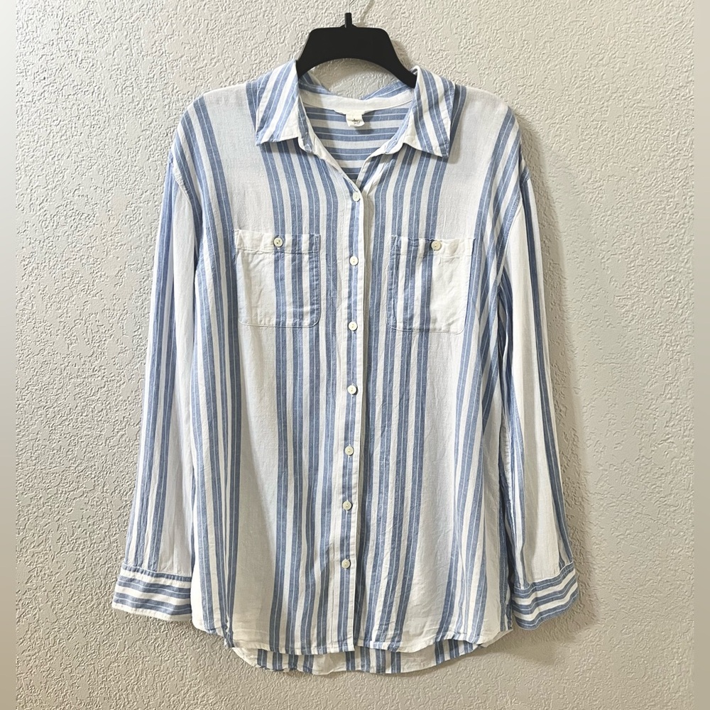 CASLON Linen blend Blue White Long sleeve Stripe Preppy Nautical Casual Tops S - Picture 2 of 6